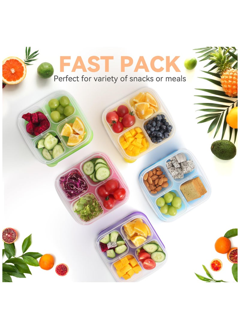 Bento Snack Boxes - Reusable 4-Compartment Food Containers with Transparent Lids, Bento Box Lunch Containers for Kids Adults School Work Picnic - Freezer, & Dishwasher Safe (Classic Color Set of 5)