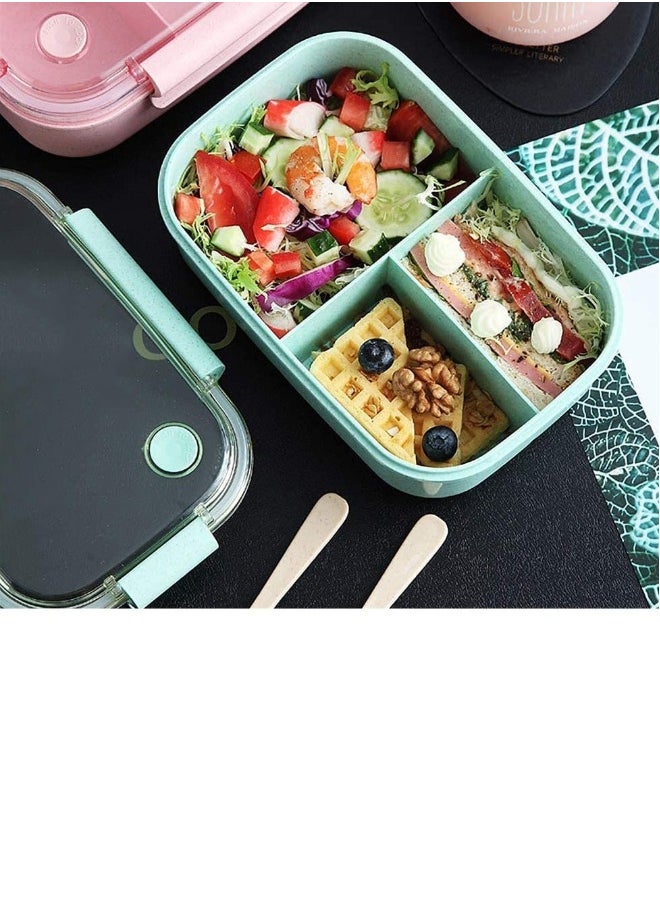 Bento Lunch Boxes, 3 Compartment Bento Box with Fork and Spoon, Leak Proof Bento Box Microwave Safe, Wheat Straw Bento Lunch Containers BPA Free, Bento Box for Kids Adults (Green)