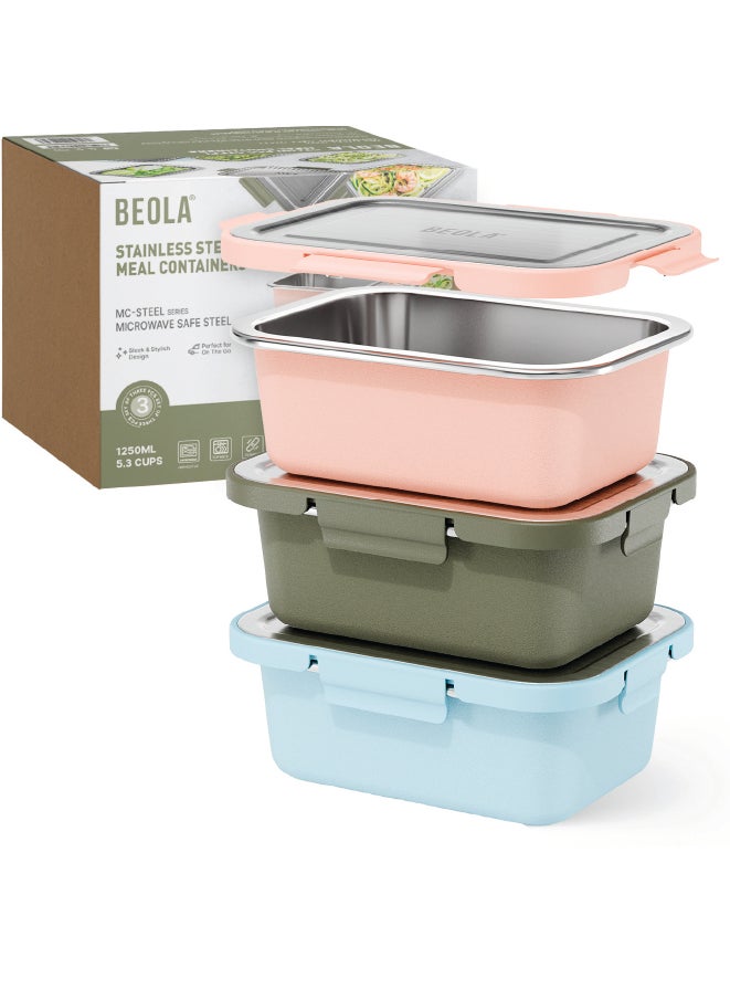 Set of 3 Pieces, Microwave Safe Stainless Steel Lunch Box, MC-Steel™ 18/8 Premium BPA free Materials, Food Storage Container, Dishwasher Safe Meal Prep Set, Food Kitchen Box(1250ml, Mix Colors)