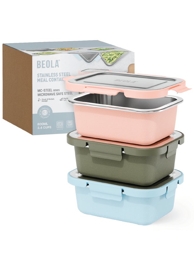 BEOLA Set of 3pcs, Microwave Safe Stainless Steel Lunch Box, MC-steel™ 18/8 Premium BPA free Materials, Food Storage Container, Dishwasher Safe Meal Prep Set, Food Kitchen Box(800ml, Mix Colors)