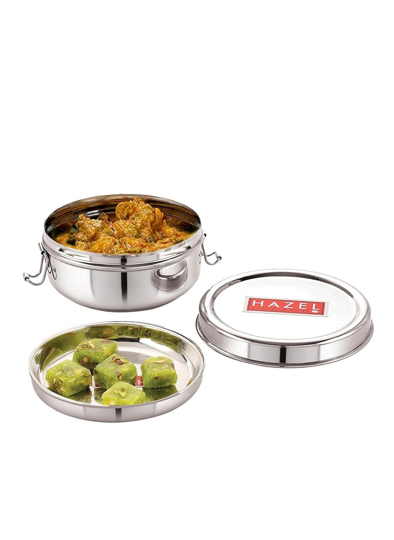HAZEL Steel Tiffin Box for Office | 350 ml Stainless Steel Lunch Box with Inner Plate | Traditional Design Glossy Finish Steel Box