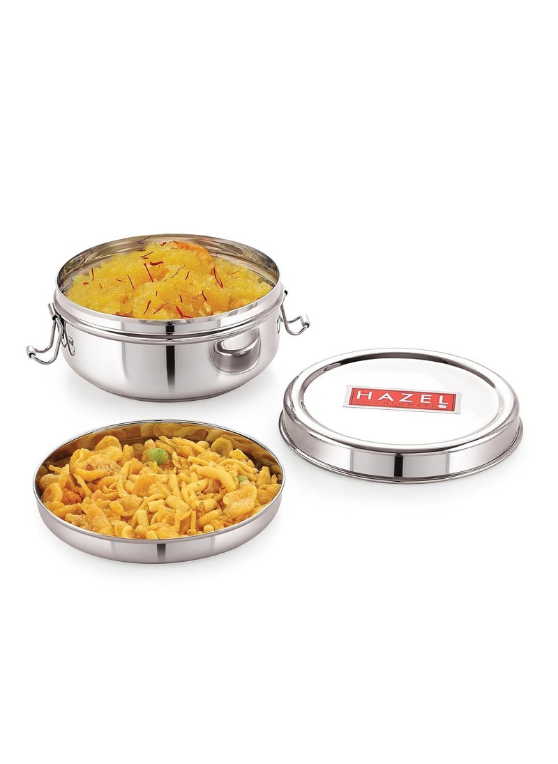 HAZEL Steel Tiffin Box for Office | 350 ml Stainless Steel Lunch Box with Inner Plate | Traditional Design Glossy Finish Steel Box