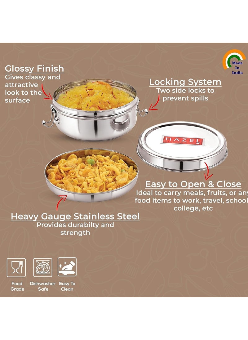HAZEL Steel Tiffin Box for Office | 350 ml Stainless Steel Lunch Box with Inner Plate | Traditional Design Glossy Finish Steel Box