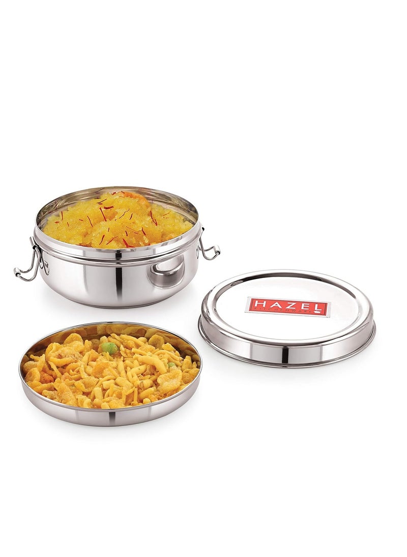 HAZEL Steel Tiffin Box for Office | 350 ml Stainless Steel Lunch Box with Inner Plate | Traditional Design Glossy Finish Steel Box