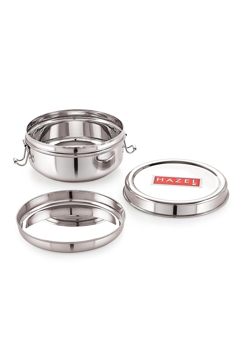 HAZEL Steel Tiffin Box for Office | 350 ml Stainless Steel Lunch Box with Inner Plate | Traditional Design Glossy Finish Steel Box
