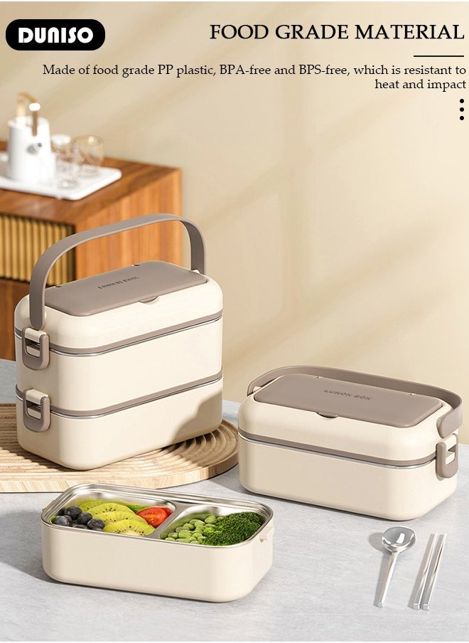 304 Stainless Steel Bento Box Portable Lunch Box with Cutlery Double-deck Thermal Insulation Bento Box Food Lunch Container Set Leak Proof Lunch Box Microwave Oven Heating For Adults/Students
