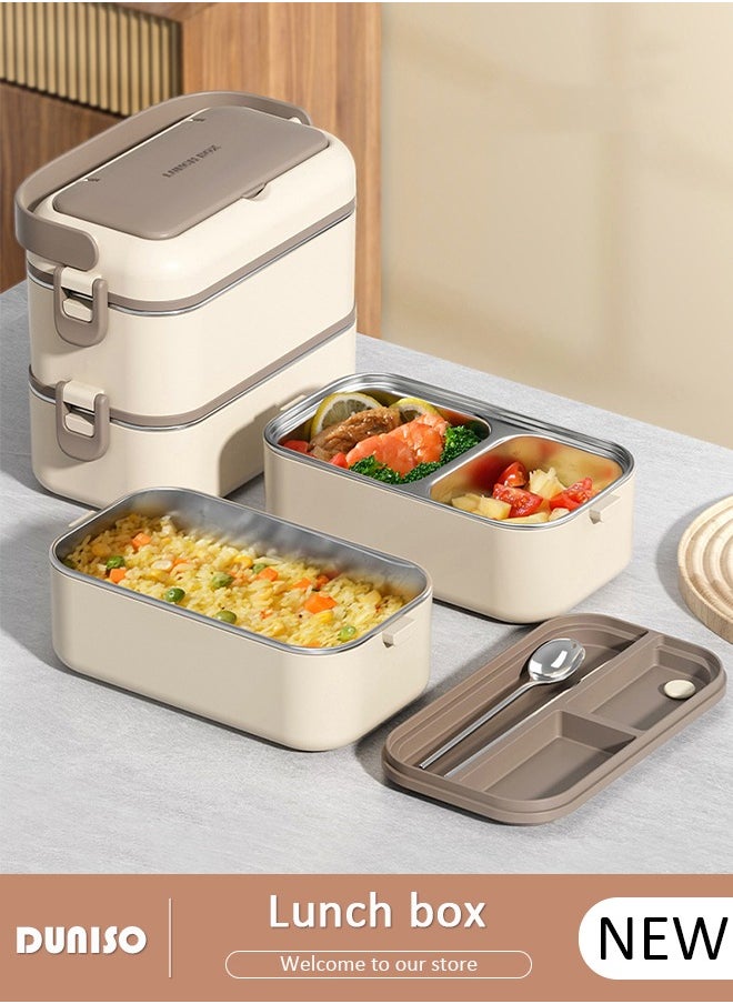 304 Stainless Steel Bento Box Portable Lunch Box with Cutlery Double-deck Thermal Insulation Bento Box Food Lunch Container Set Leak Proof Lunch Box Microwave Oven Heating For Adults/Students