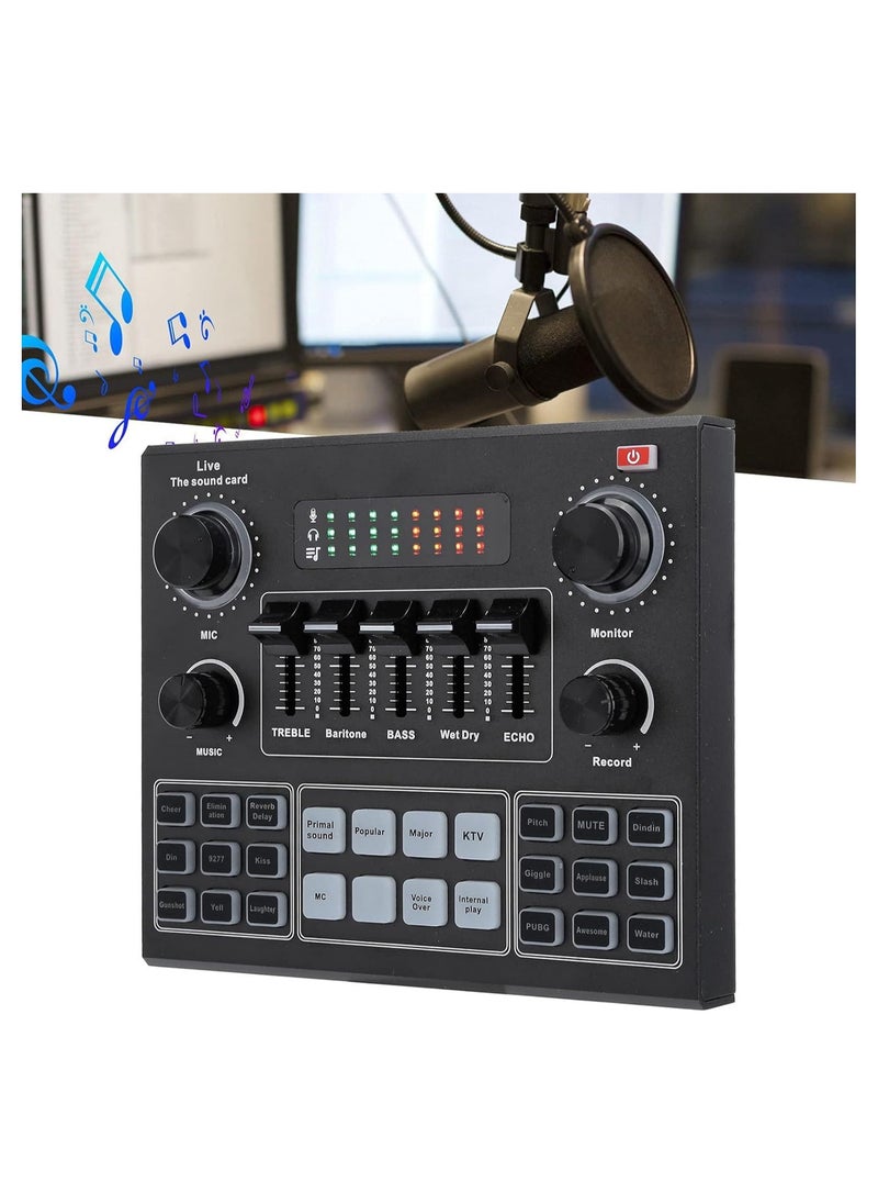 BORTONY Sound Card V9, Live Broadcast Sound Card, External Stereo Audio Mixer Broadcast Metal Frosted Body Easy Operation