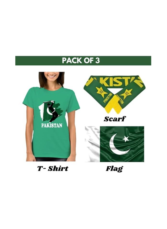 Pakistan Men’s T-Shirt,Scarf&Large Flag(90cm x 150cm)–Half Sleeve Tshirt|Cotton Ideal Combo For Sports Fans,Matches,Events.