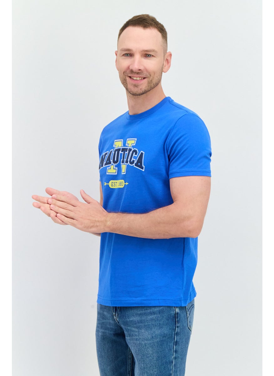 Men Crew Neck Short Sleeve Brand Logo T-Shirt, Blue