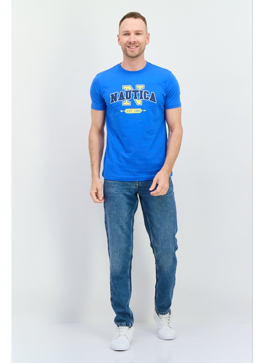 Men Crew Neck Short Sleeve Brand Logo T-Shirt, Blue