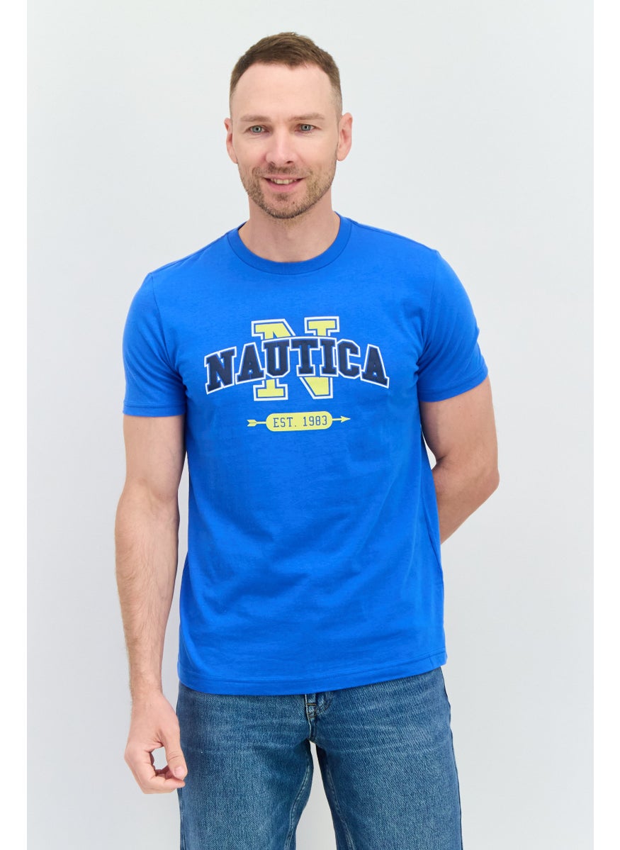 Men Crew Neck Short Sleeve Brand Logo T-Shirt, Blue