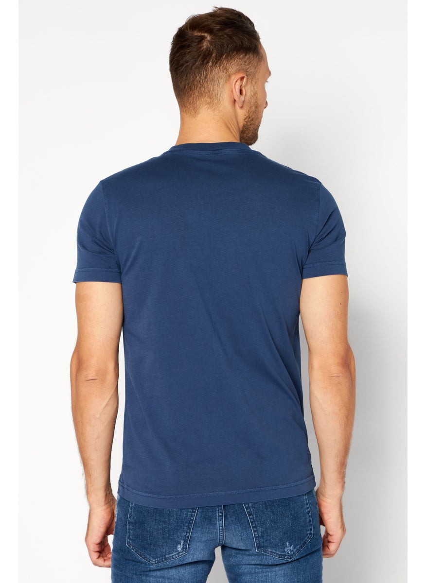 Men Crew Neck Short Sleeves Brand Logo T-shirt, Navy