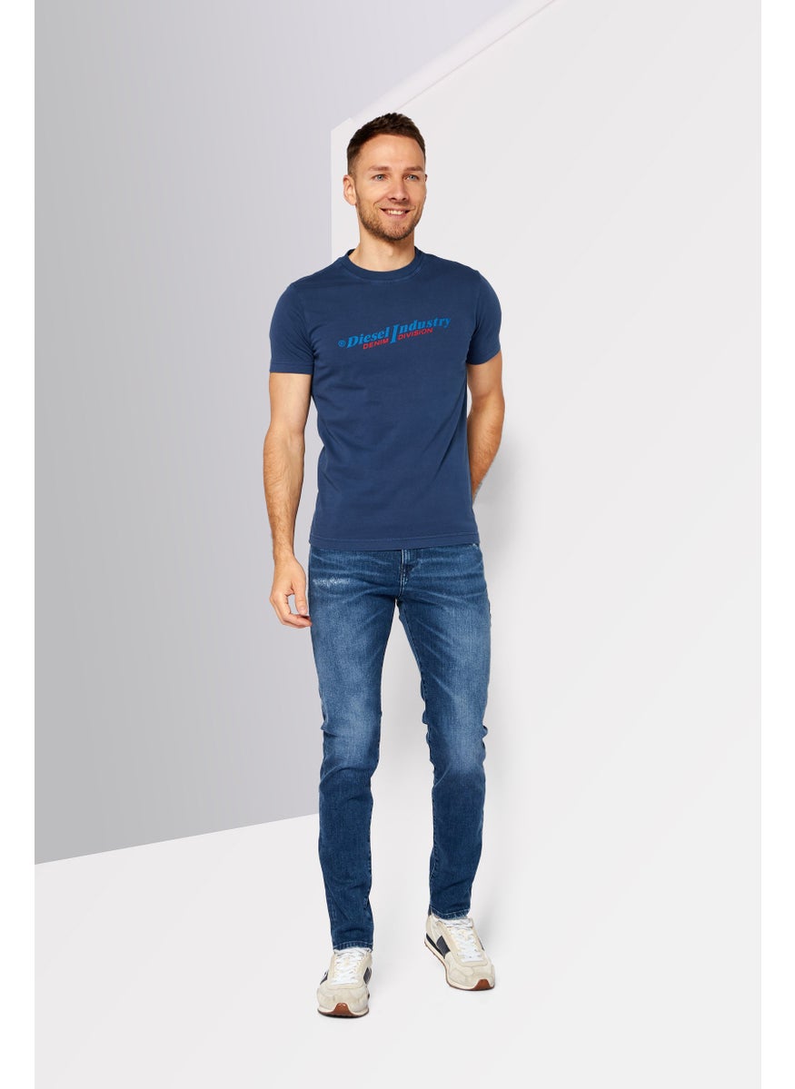 Men Crew Neck Short Sleeves Brand Logo T-shirt, Navy