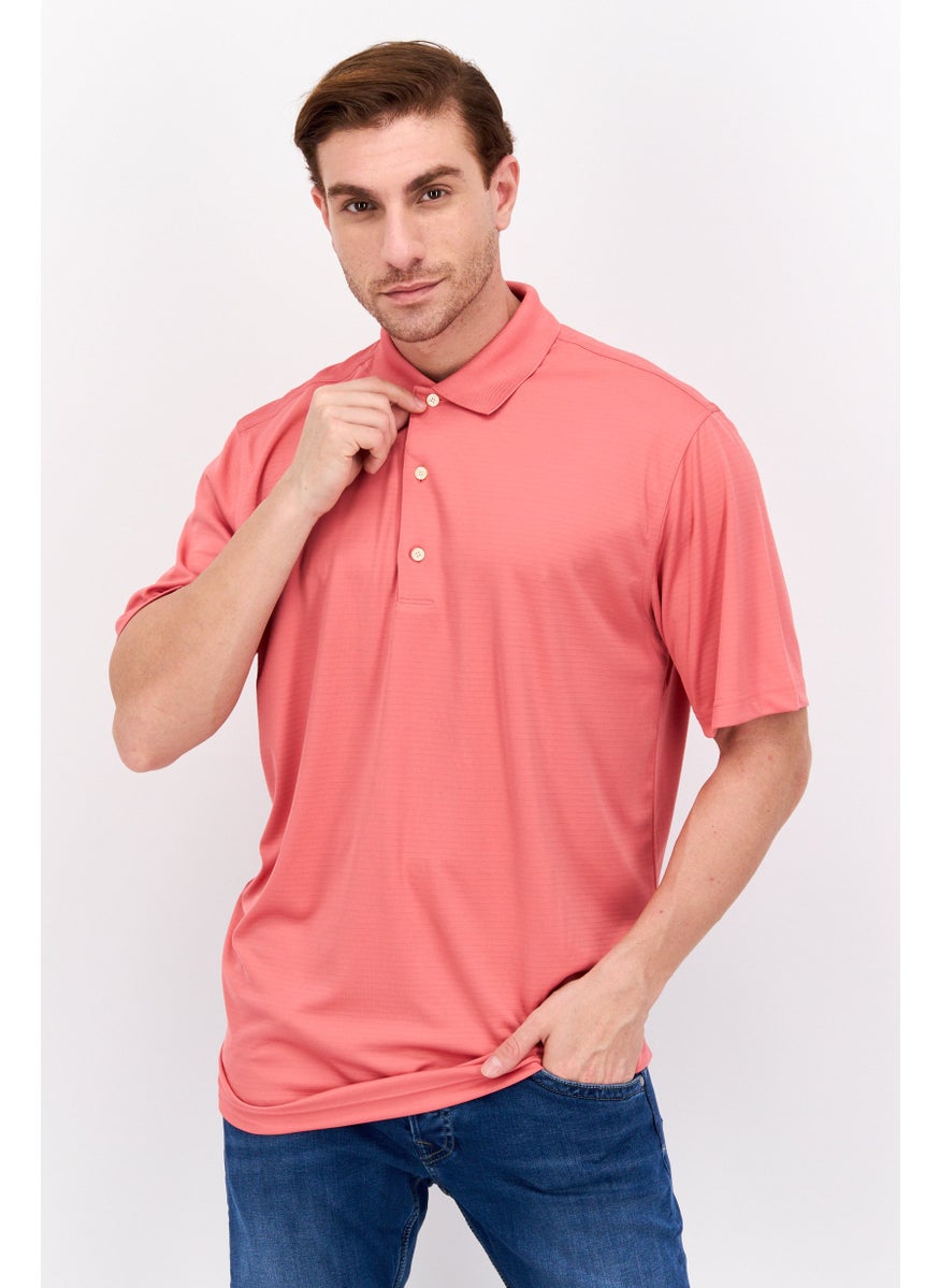 Men Regular Fit Textured Short Sleeves Polo, Coral