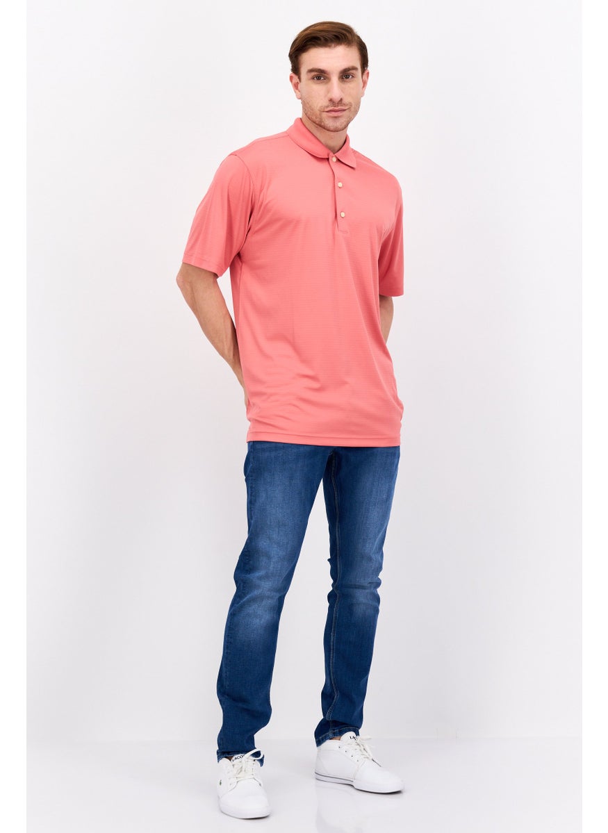Men Regular Fit Textured Short Sleeves Polo, Coral