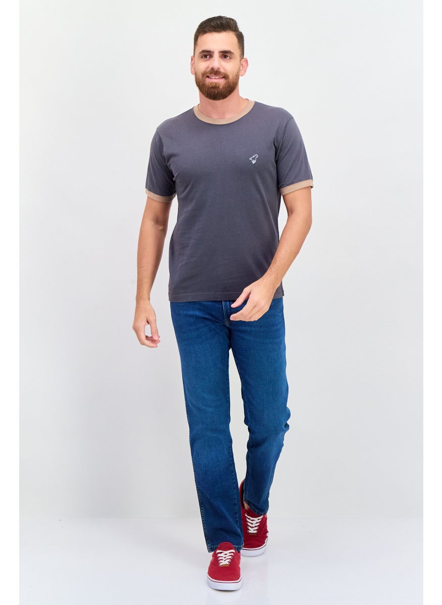 Men Crew Neck Short Sleeves Brand Logo T-Shirt, Dark Grey