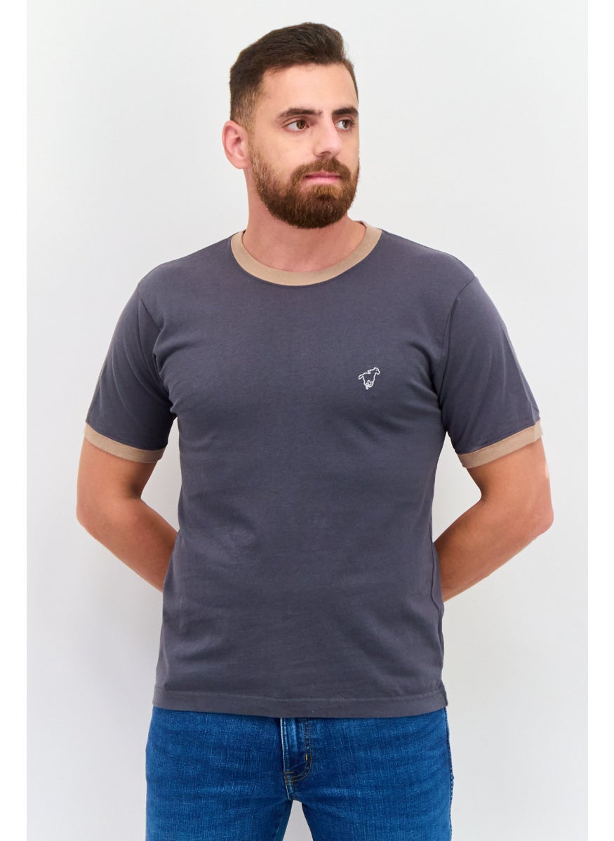 Men Crew Neck Short Sleeves Brand Logo T-Shirt, Dark Grey