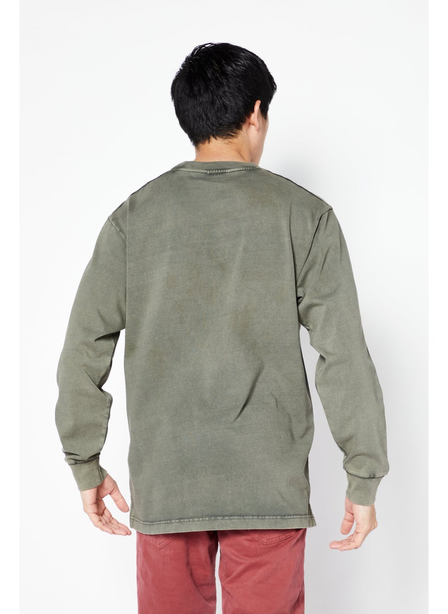Men Crew Neck Long Sleeve Embroidered Logo T-Shirt, Olive