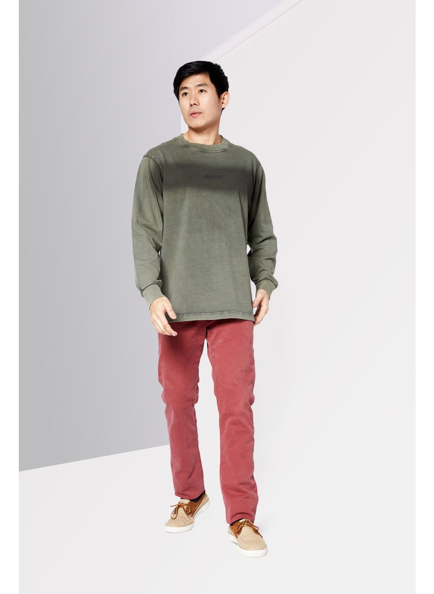Men Crew Neck Long Sleeve Embroidered Logo T-Shirt, Olive