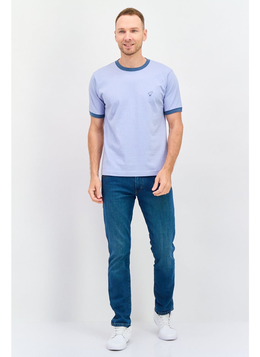 Men Crew Neck Short Sleeves Embroidered T-Shirt, Light Blue