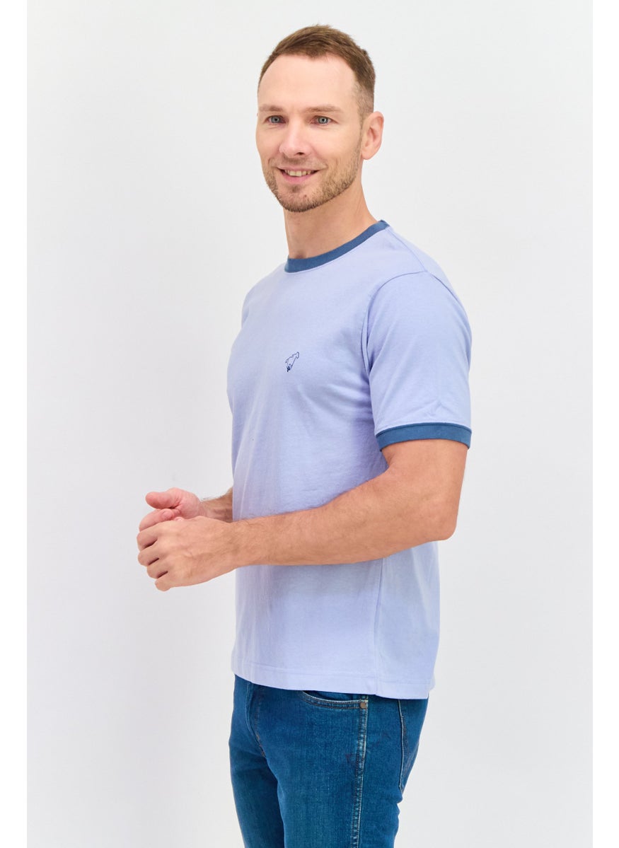 Men Crew Neck Short Sleeves Embroidered T-Shirt, Light Blue