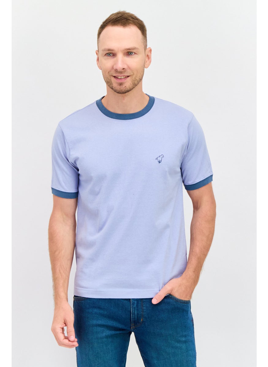 Men Crew Neck Short Sleeves Embroidered T-Shirt, Light Blue