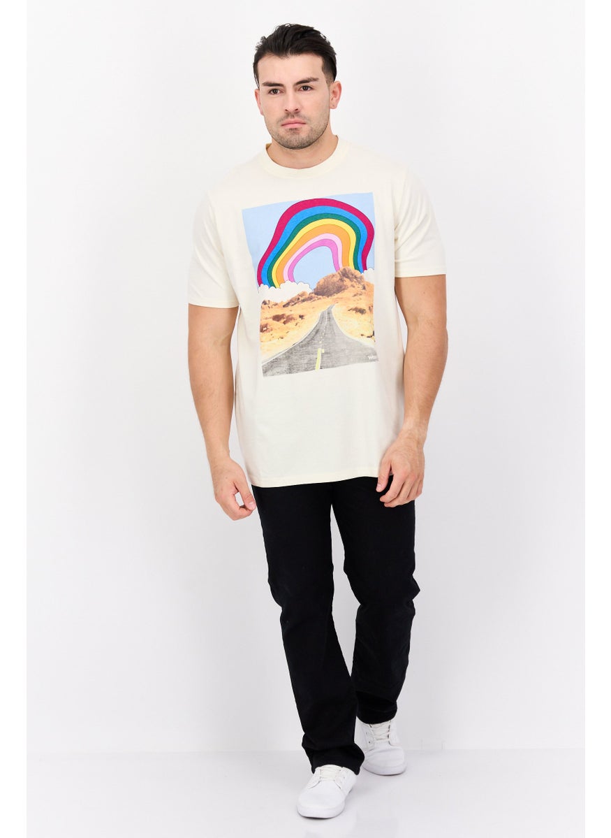 Men Crew Neck Short Sleeve Graphic T Shirt, Beige Combo