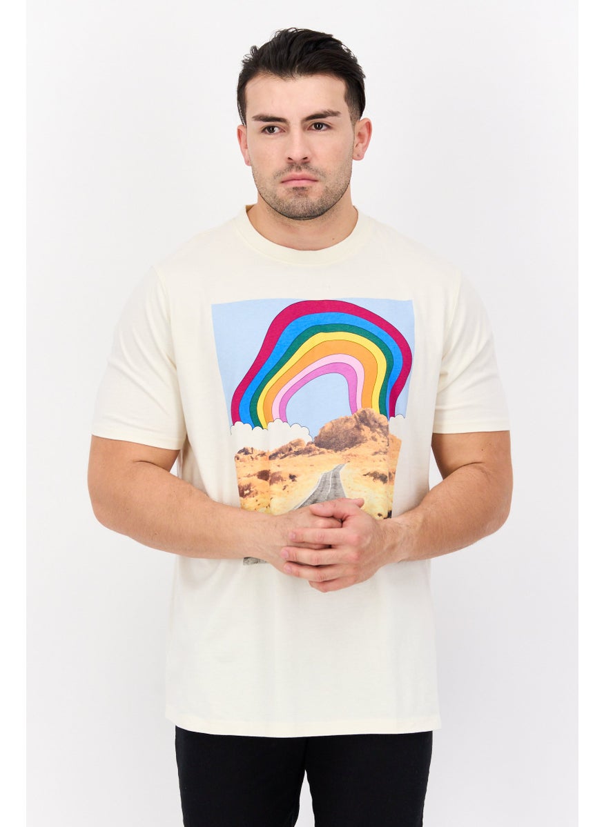 Men Crew Neck Short Sleeve Graphic T Shirt, Beige Combo
