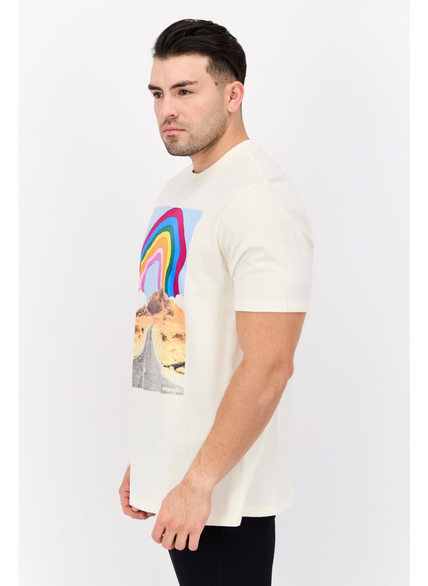 Men Crew Neck Short Sleeve Graphic T Shirt, Beige Combo