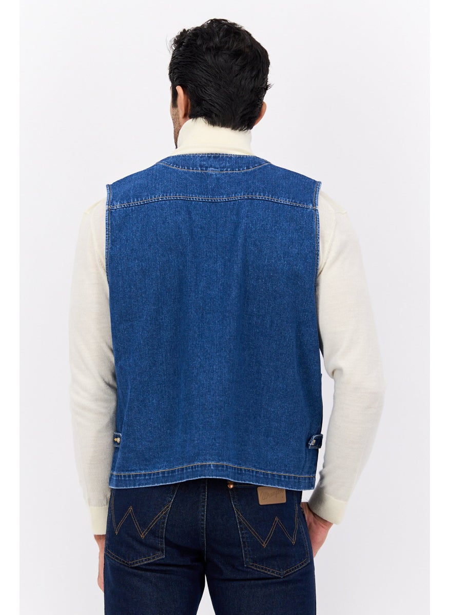 Men Full Zip Washed Vest, Denim
