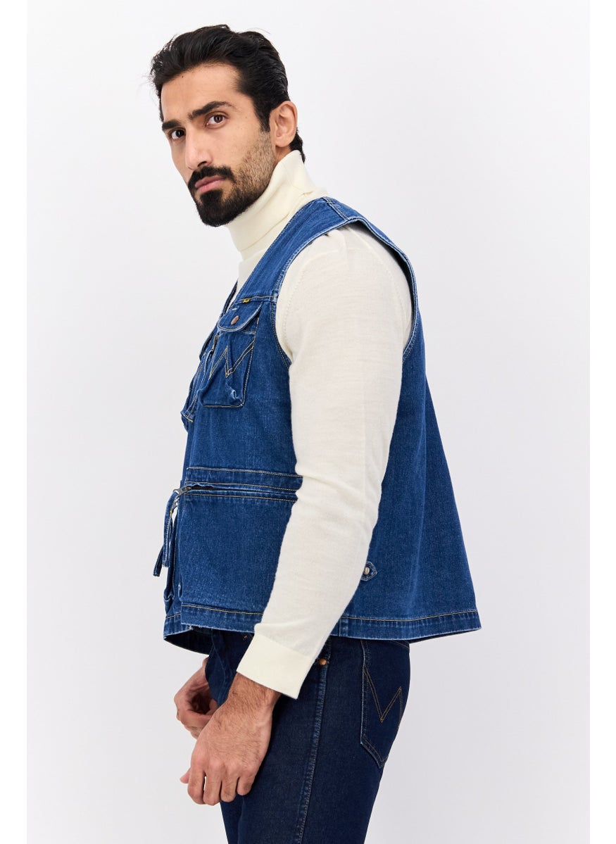 Men Full Zip Washed Vest, Denim