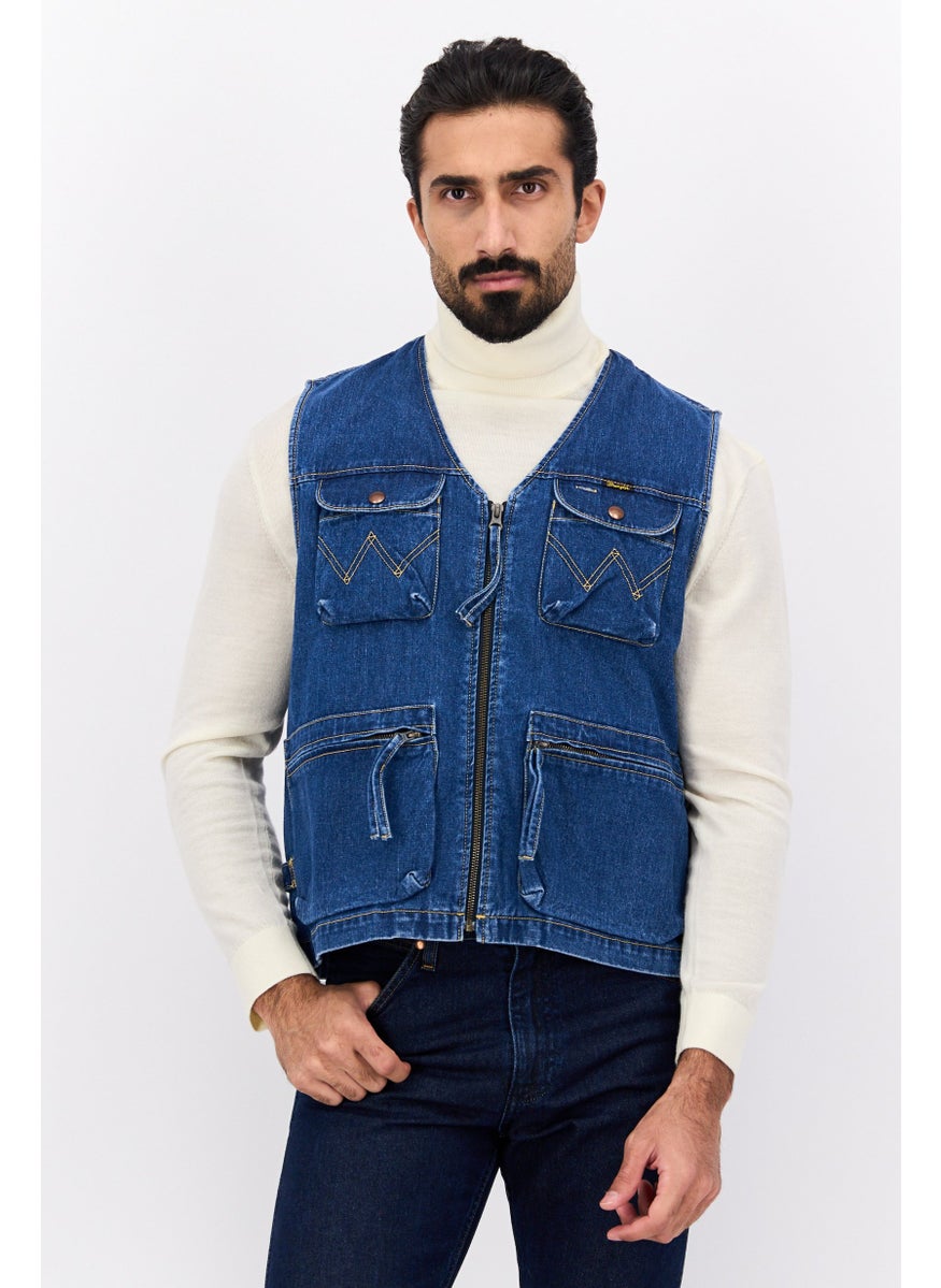 Men Full Zip Washed Vest, Denim