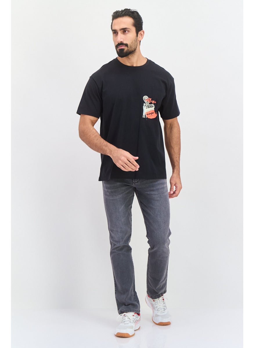 Men Crew Neck Short Sleeve Graphic Printed T-Shirt, Black