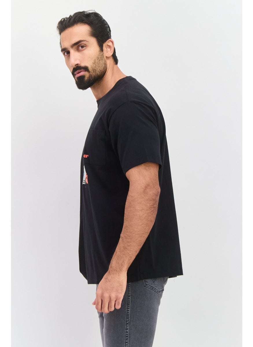Men Crew Neck Short Sleeve Graphic Printed T-Shirt, Black