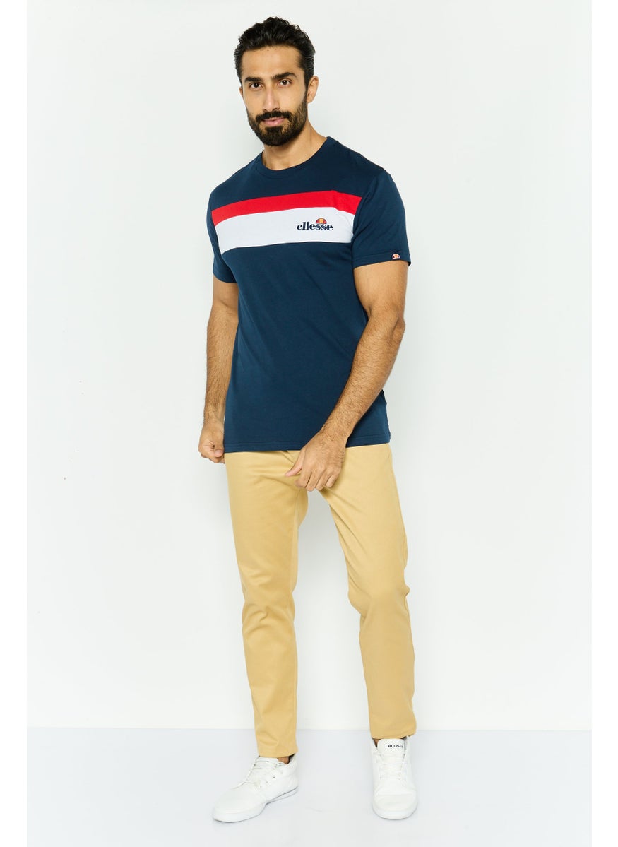 Men Crew Neck Short Sleeves Embroidered Logo T-Shirt, Navy Blue Combo