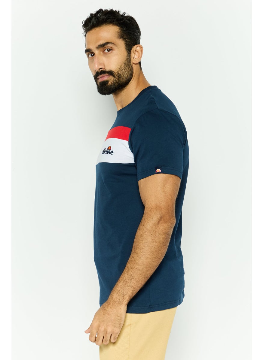Men Crew Neck Short Sleeves Embroidered Logo T-Shirt, Navy Blue Combo