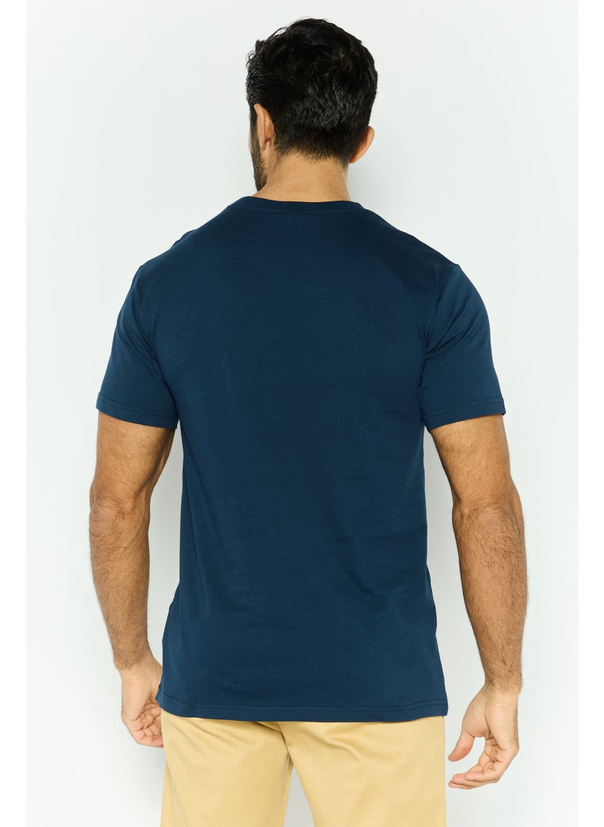 Men Crew Neck Short Sleeves Embroidered Logo T-Shirt, Navy Blue Combo