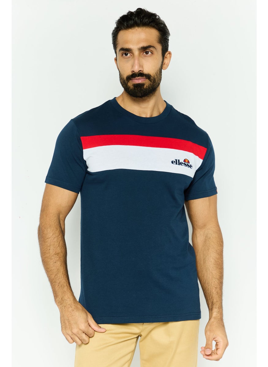 Men Crew Neck Short Sleeves Embroidered Logo T-Shirt, Navy Blue Combo