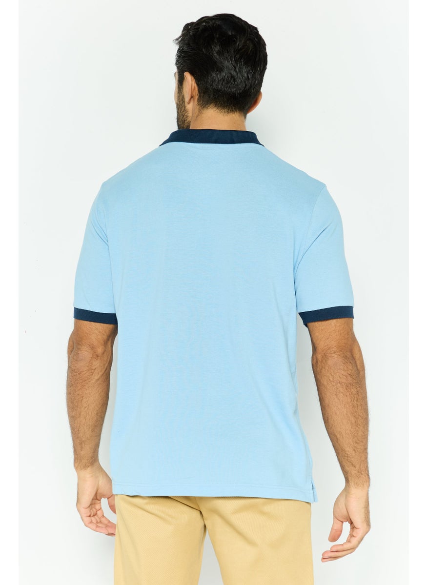 Men Regular Fit Short Sleeve Brand Logo Polo Shirt, Blue