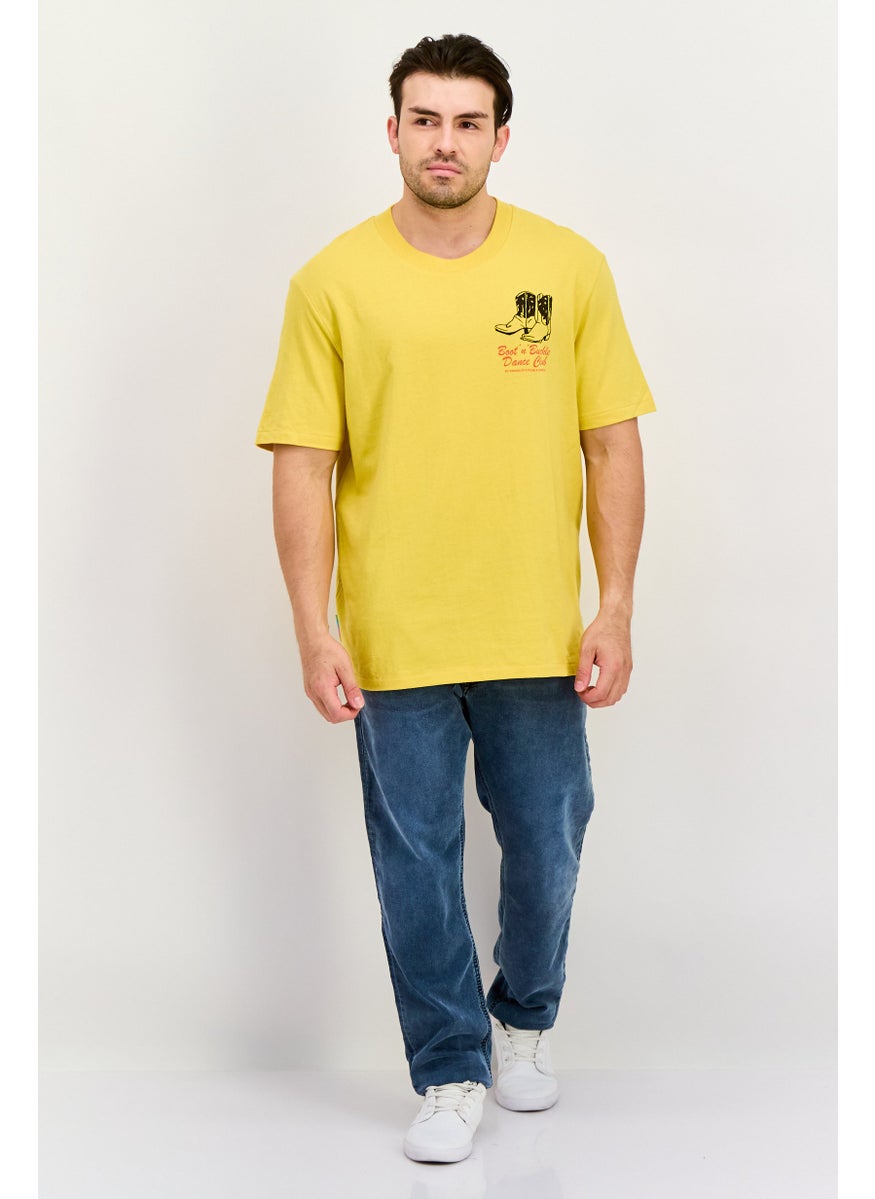 Men Crew Neck Short Sleeves Graphic Print T-Shirt, Yellow