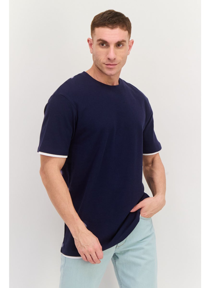 Men Crew Neck Short Sleeves Plain T-Shirt, Navy Blue