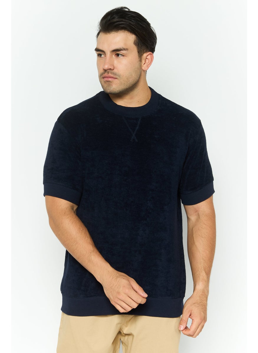 Men Crew Neck Short Sleeve Textured T Shirt, Navy
