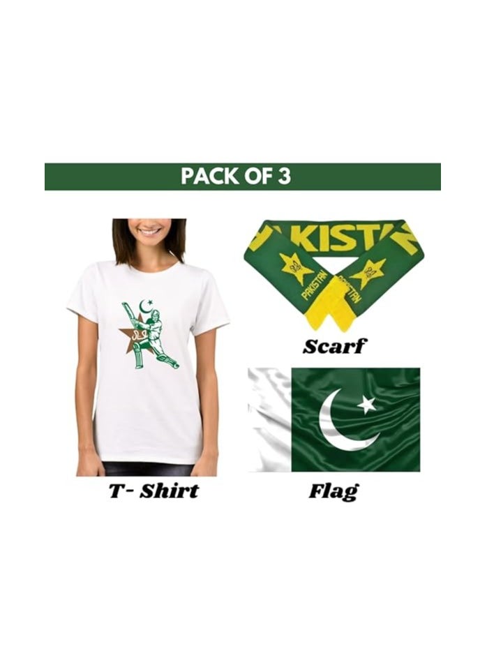 Pakistan Men’s T-Shirt,Scarf&Large Flag(90cm x 150cm)–Half Sleeve Tshirt|Cotton Ideal Combo For Sports Fans,Matches,Events.
