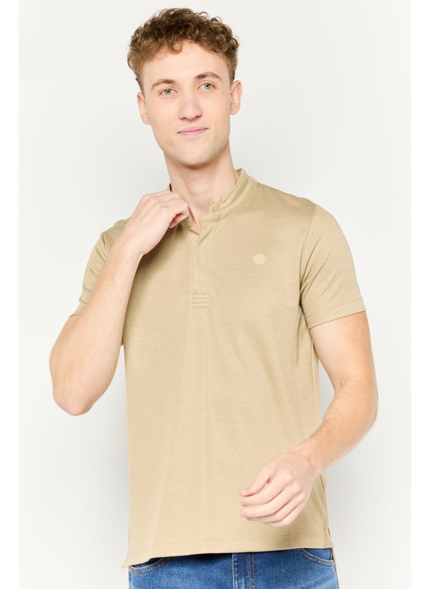Men Band Collar Short Sleeve Brand Logo Polo Shirt, Beige