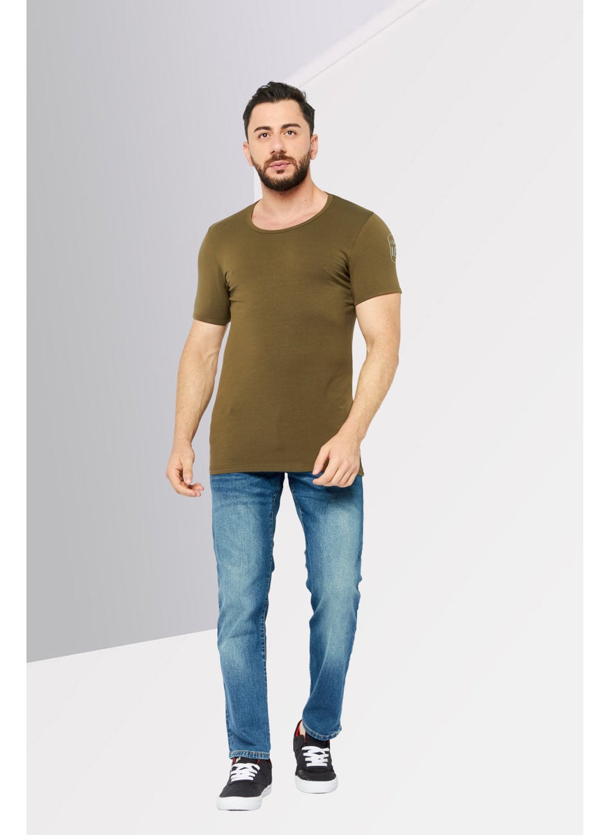 Men Round Neck Short Sleeves Brand Logo T-Shirt, Olive