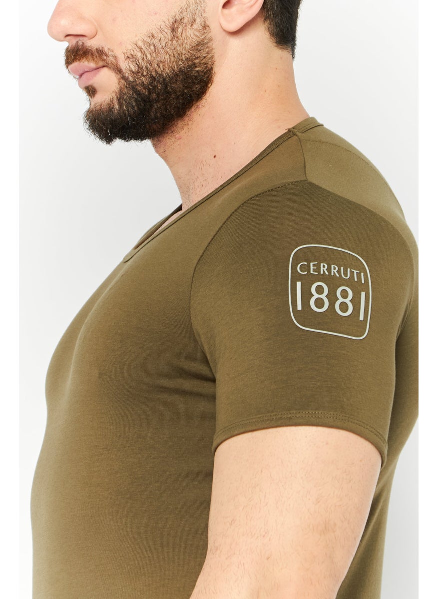 Men Round Neck Short Sleeves Brand Logo T-Shirt, Olive