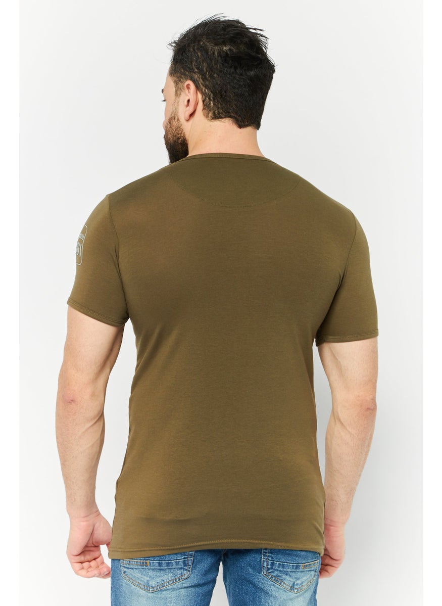 Men Round Neck Short Sleeves Brand Logo T-Shirt, Olive