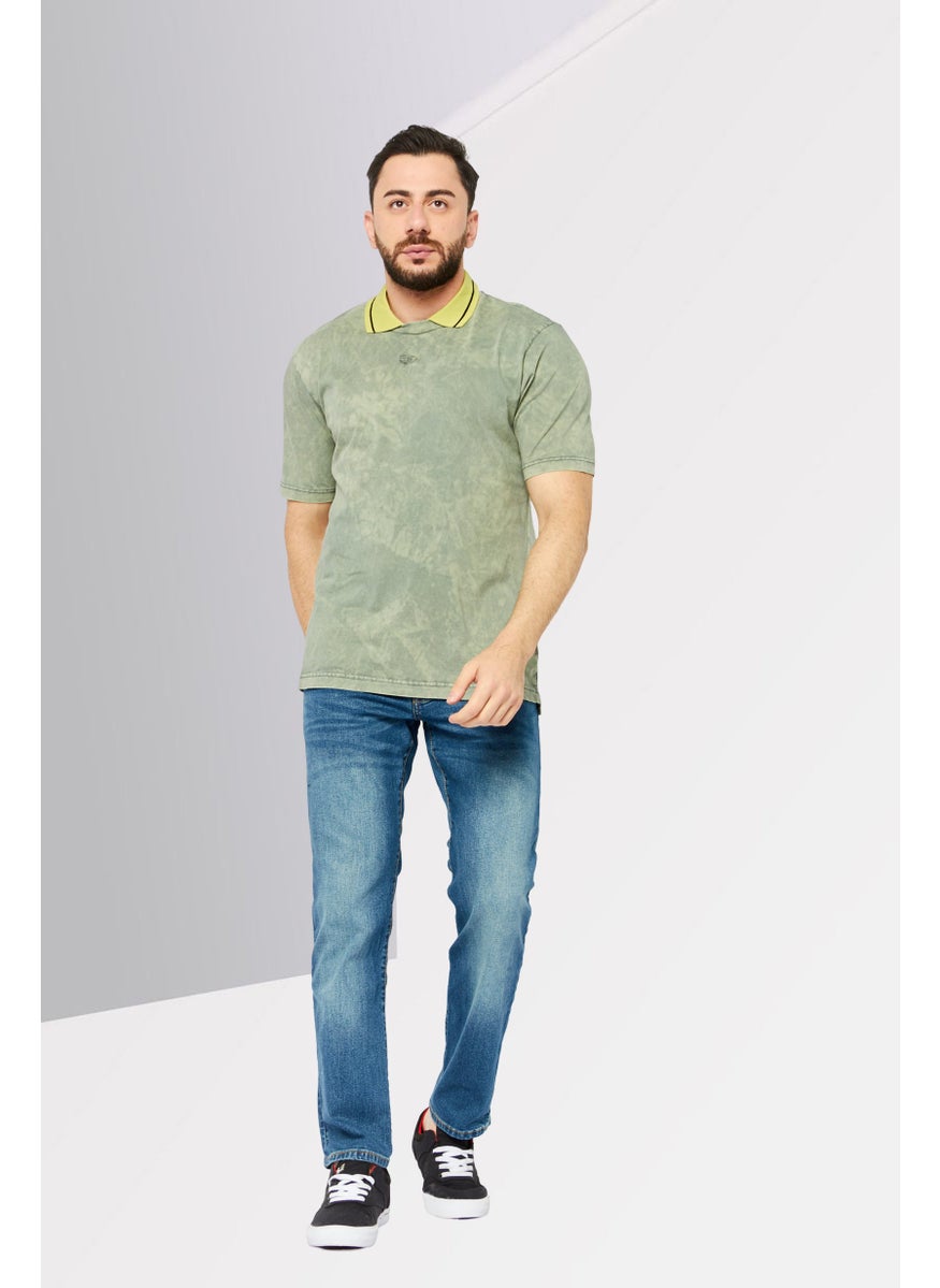 Men Spread Collar Short Sleeves Wash T-Shirt, Sage Green