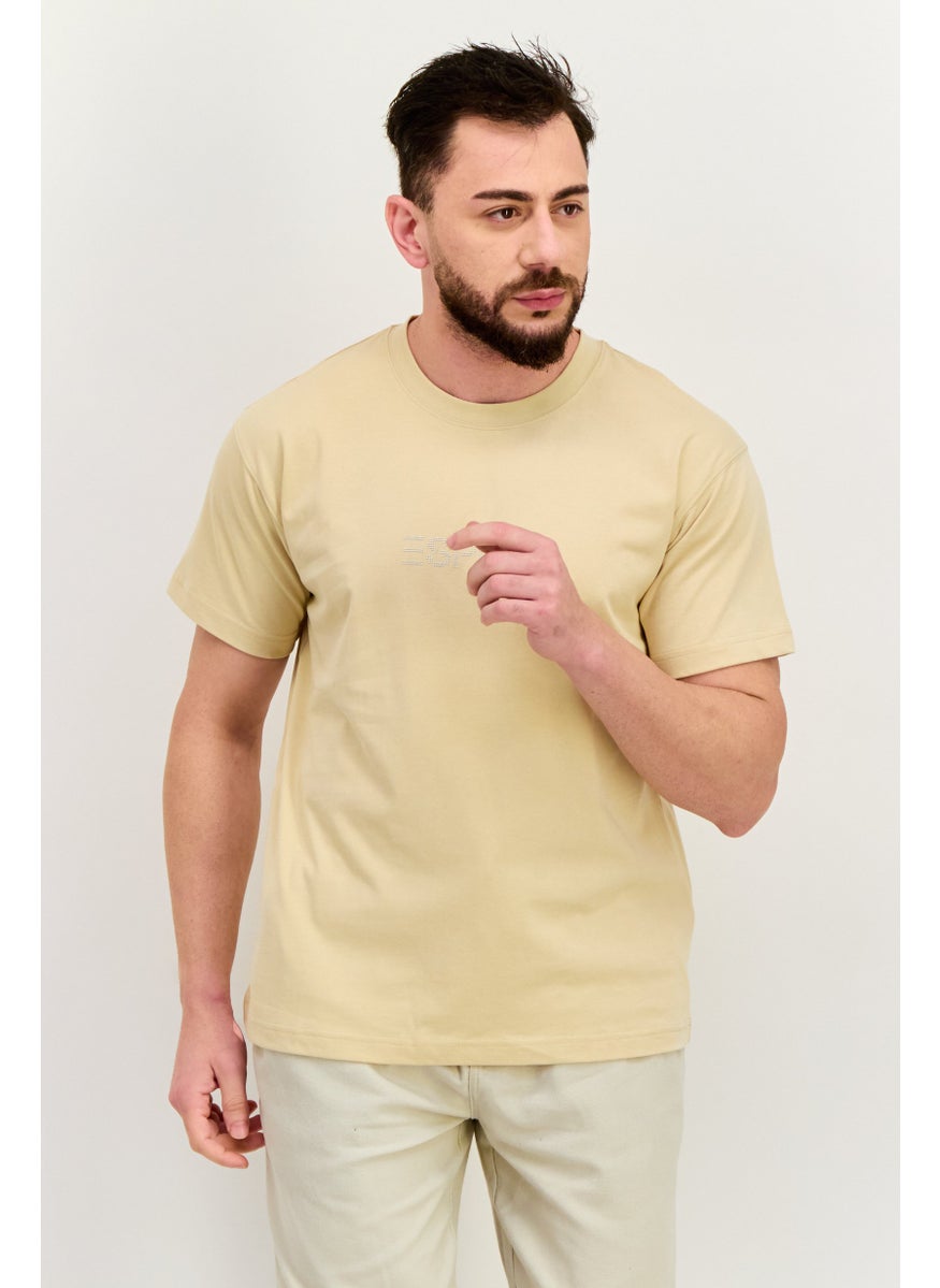 Men Crew Neck Short Sleeve Brand Logo T-Shirt, Light Beige